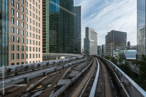 Cityscape from monorail sky train in Tokyo