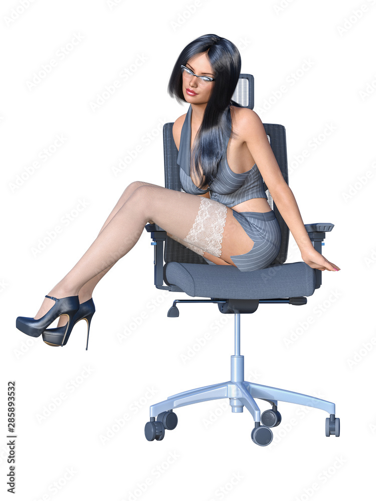 Long-haired brunette secretary in white stocking. Long-haired brunette secretary in white stocking.