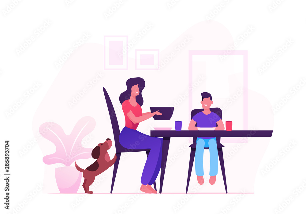 Happy Family of Mother, Little Kid and Pet Having Dinner Sitting at Table with Food