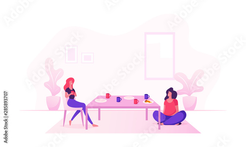 Couple of Girl Friends Sitting at Table with Food Drinking Beverages and Communicating at Home. Female Characters Friendship  Chatting Women Having Leisure  Sparetime Cartoon Flat Vector Illustration
