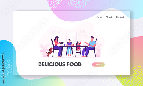 Happy Family Eating Website Landing Page. Mother Father Little Kids and Dog Having Meal Around Table with Food. Cheerful Characters During Dinner Web Page Banner. Cartoon Flat Vector Illustration