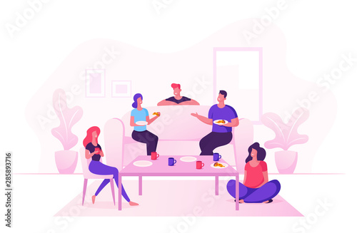 Group of Young People Celebrate at Home Party Sitting at Table in Living Room Eating Pizza, Drinking Tea. Friends Company Leisure Weekend Spare Time, Celebration. Cartoon Flat Vector Illustration