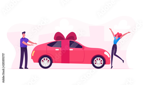 Man Giving Car with Bow as Present. Happy Surprised Woman Jumping with Hands Up near Vehicle with Ribbon on Cityscape Background. Luxury Automobile Gift for Girlfriend Cartoon Flat Vector Illustration