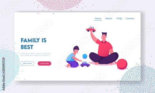 Man and Boy Gaming Website Landing Page. Happy Family of Dad and Kid Having Leisure. Father and Little Son Play Toys Sitting on Floor. Loving Relation Web Page Banner. Cartoon Flat Vector Illustration