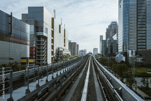 Cityscape from monorail sky train in Tokyo