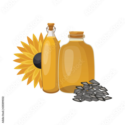 Sunflower oil in a glass bottle. Vegetables, virgin organic healthy oil product. Bottle of Sunflower oil and seeds Sunflower. Vector.