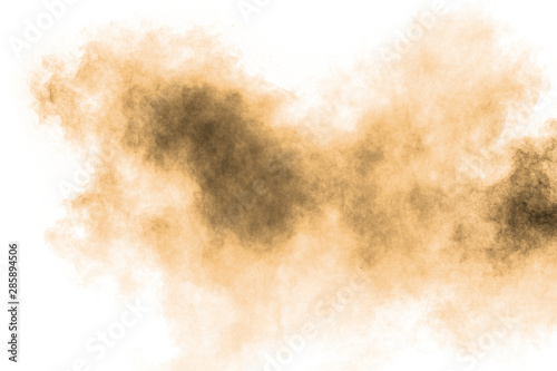 Freeze motion of brown dust explosion.Stopping the movement of brown powder. Explosive brown powder on white background.