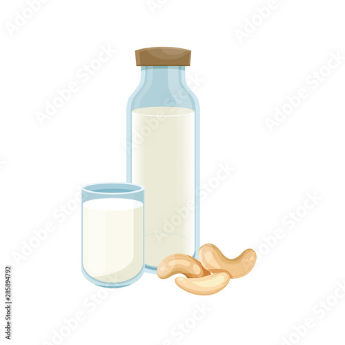 Cashew milk in a glass bottle. Healthy lifestyle. Cashew vegan milk in a bottle. Vector.

