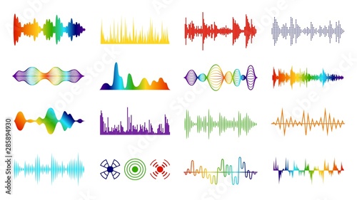 Color sound waves. Audio digital melody wave tracking meter on white background in equalizer symbol vector set photo