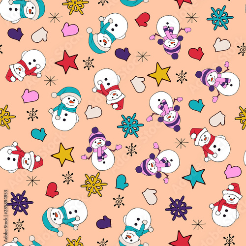 Fototapeta Naklejka Na Ścianę i Meble -  Christmas seamless pattern with snowman, fir trees and snowflakes. Perfect for wallpaper, wrapping paper, pattern fills, winter greetings, web page background