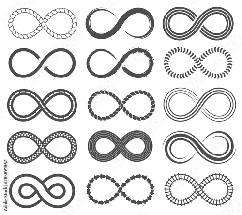 Infinity symbols. Endless loop shape, unlimited signs, eight isolated vector icons set