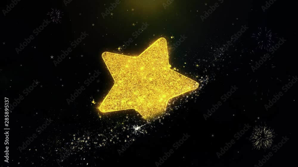 Star Icon on Gold Glitter Particles Spark Exploding Fireworks Display . Object, Shape, Text, Design, Element, Symbol 4K Animation. Star Icon on Gold Glitter Particles Spark Exploding Fireworks Display . Object, Shape, Text, Design, Element, Symbol 4K Animation.