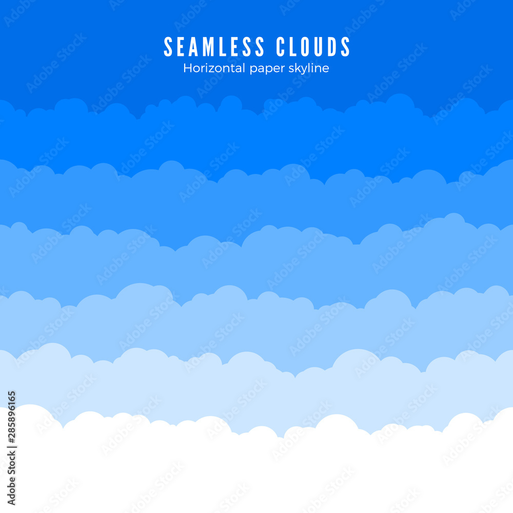 Horizontal seamless clouds. Skyline repeat texture. Blue Sky background. Paper clouds layers. Vector illustration