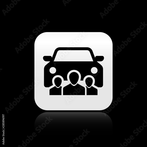 Black Car sharing with group of people icon isolated on black background. Carsharing sign. Transport renting service concept. Silver square button. Vector Illustration