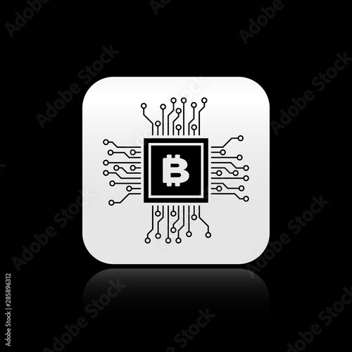 Black CPU mining farm icon isolated on black background. Bitcoin sign inside processor. Cryptocurrency mining community. Digital money. Silver square button. Vector Illustration