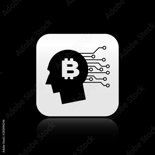Black Bitcoin think icon isolated on black background. Cryptocurrency head. Blockchain technology, bitcoin, digital money market, cryptocoin wallet. Silver square button. Vector Illustration
