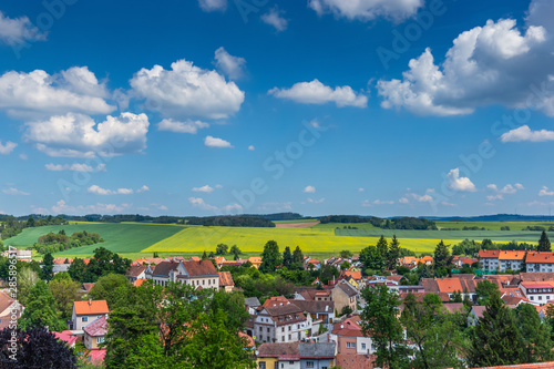 Aerial view of the Telc city and czech countryside.