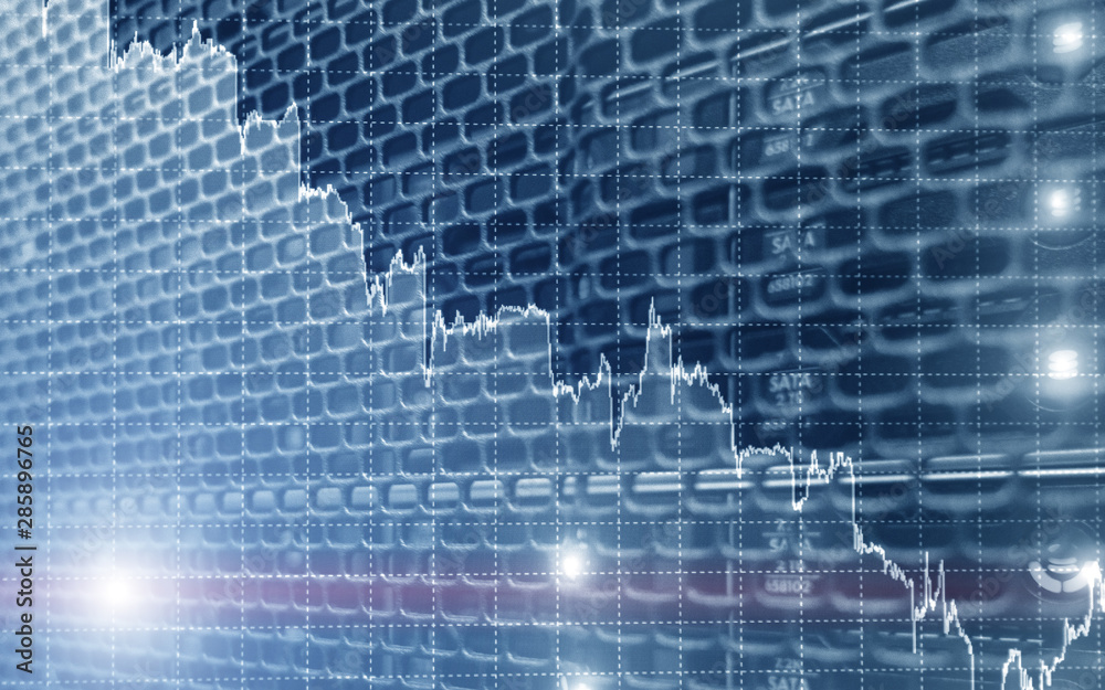 Falling stock chart, financial crisis on data center background.