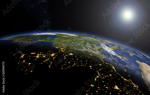 Planet earth with terminator line. European continent. 3d illustration.