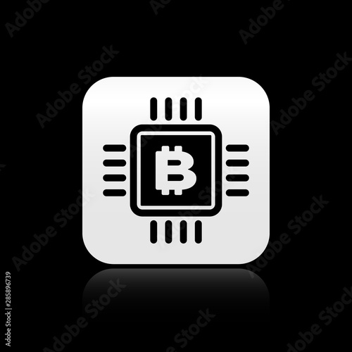 Black CPU mining farm icon isolated on black background. Bitcoin sign inside microchip. Cryptocurrency mining community. Digital money. Silver square button. Vector Illustration