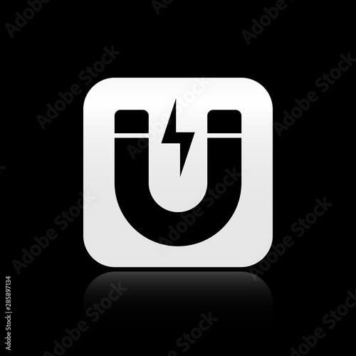 Black Magnet with lightning icon isolated on black background. Horseshoe magnet, magnetism, magnetize, attraction sign. Silver square button. Vector Illustration