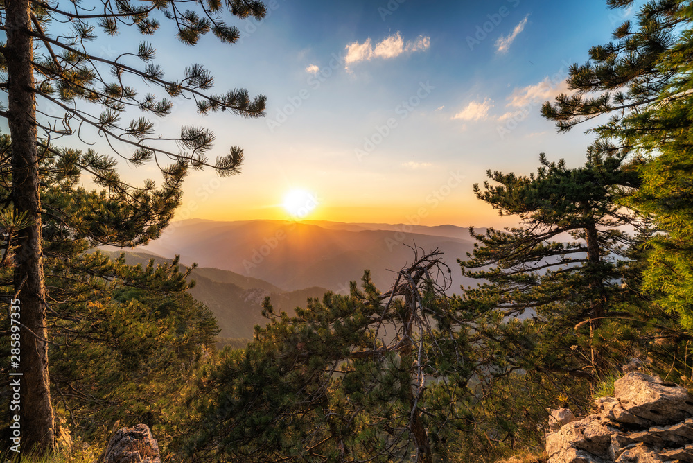 Summer sunset from The red wall reserve in Rhodope mountain, Bulgaria
