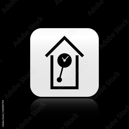 Black Retro wall watch icon isolated on black background. Cuckoo clock sign. Antique pendulum clock. Silver square button. Vector Illustration