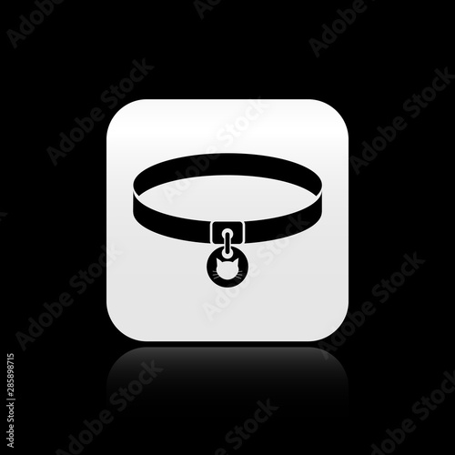 Black Cat collar with name tag icon isolated on black background. Simple supplies for domestic animal. Cat and dog care. Pet cat chains. Silver square button. Vector Illustration