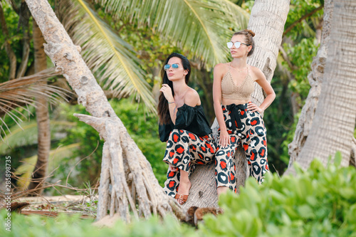 Quadro su tela Two Beautiful Woman sotting on the palm tree  near beach Together