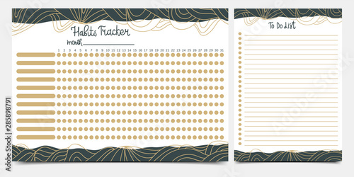 Habits tracker and to-do-list with frame decorated by abstraction. Printable pages for task organization or planning. Eps 10.