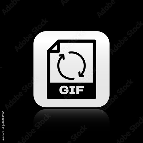 Black GIF file document. Download gif button icon isolated on black background. GIF file symbol. Silver square button. Vector Illustration