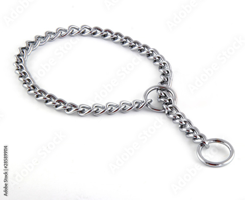 Iron chain collar isolated on white background. It is a training collar for dogs.