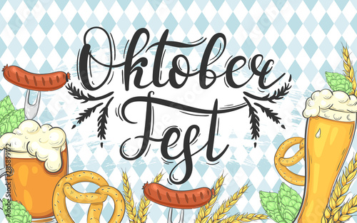 Banner for Oktoberfest. Background with beer, sausages and other