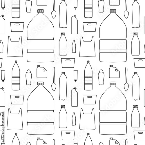 Stop using plastic seamless pattern with flat line icons. Polyethylene pollution awareness endless vector. Thin signs of plastics waste, bag, package, canister, bottle, disposable tableware, cosmetic