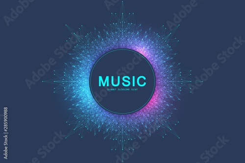 Colorful music and dance night party banner or poster. Background with fractal grid, radial sound wave, equalizer. Vector illustration.