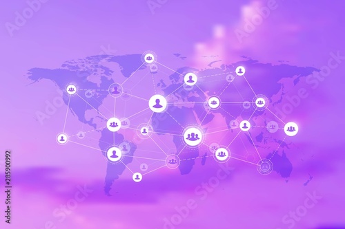 Social media network and marketing concept on World Map background. Global business concept and internet technology, Analytical networks. Vector illustration.
