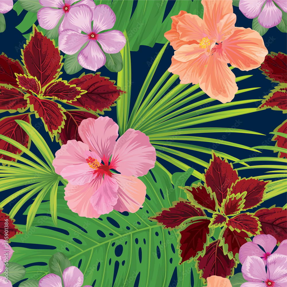 Fototapeta premium Seamless tropical pattern of hibiscus flowers with vinca and palm leaf background. Vector set of exotic tropical garden for holiday invitation, greeting card and textile fashion design.