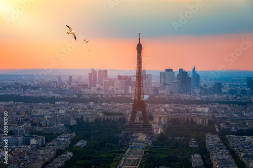 View of Paris with Eiffel Tower from Montparnasse building. Eiffel tower view with flying birds from Montparnasse at sunset, view of the Eiffel Tower and La Defense district in Paris, France.