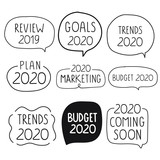 2019 review. 2020 goals, marketing, budget, plan, trends, coming soon.  Set of hand drawn badges. Vector lettering illustration on white background.