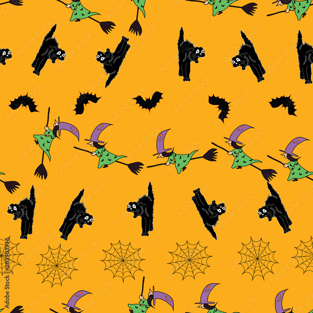Fun Halloween seamless pattern background with witches on broomsticks,flying bats, and spiderwebs.