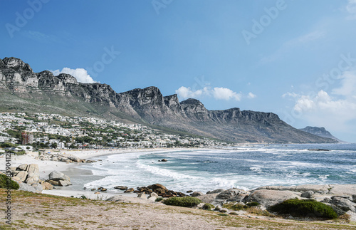 sea and mountains (12 apostles) at Camps Bay or Kampsbaai, suburb of Cape Town on sunny day