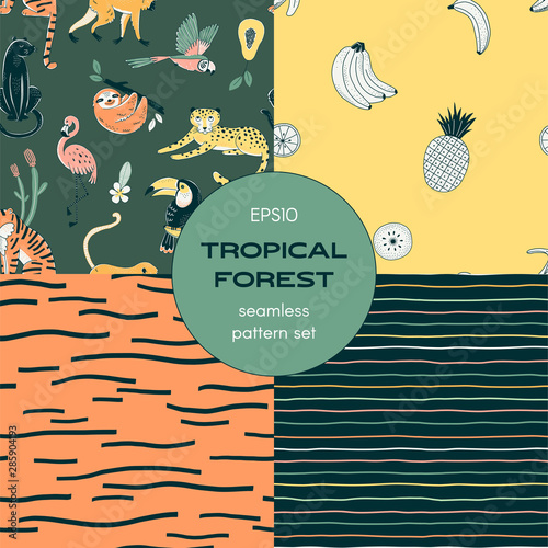 Jungle animals seamless pattern set. Tropical exotic fruits. Animals and plants. Striped print. Rainforest wildlife. Decorative textile, wallpaper, wrapping paper vector design