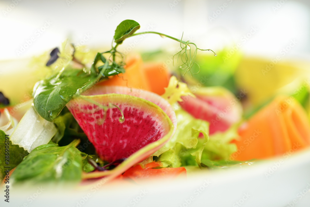 vegetable salad with daikon, cucumber, carrots and spinach. Korean radish, red radish vegetable salad with daikon, cucumber, carrots and spinach. Korean radish, red radish