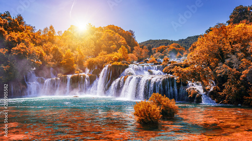 Krka national park with autumn colors of trees, famous travel destination in Dalmatia of Croatia. Krka waterfalls in the Krka National Park in autumn, Croatia.