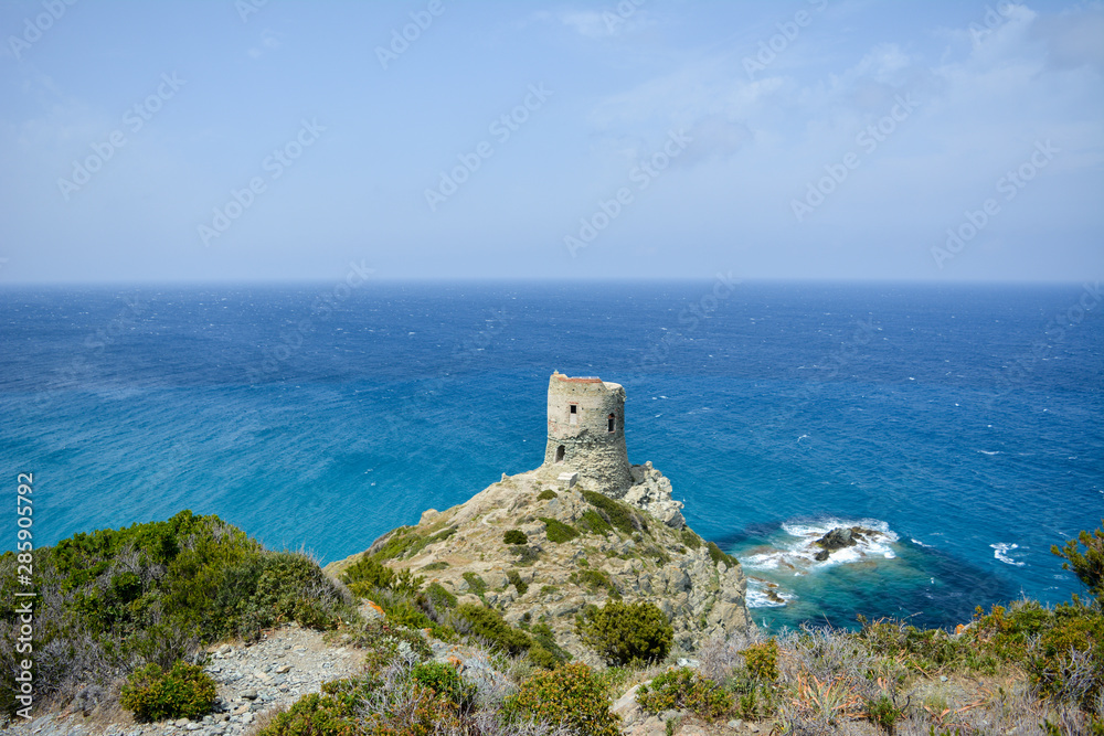 The Tower of Agnellu, a Genoese tower located in the commune of Rogliano (Haute-Corse). Sentier des douaniers. Corsica, France