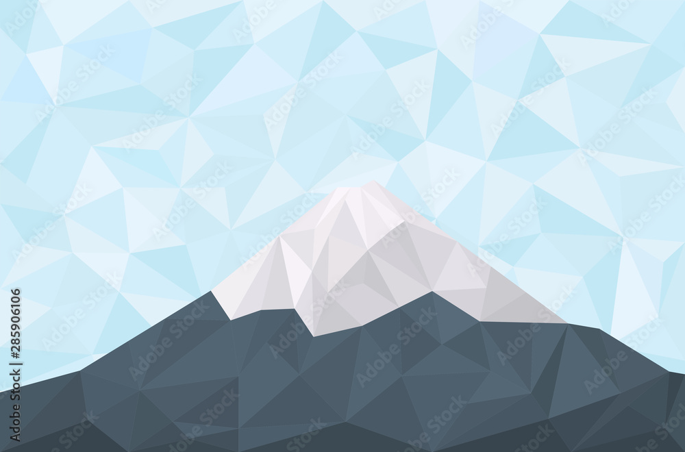 Geometric polygonal mountain. Triangular landscape with fuji mountain peak and blue sky
