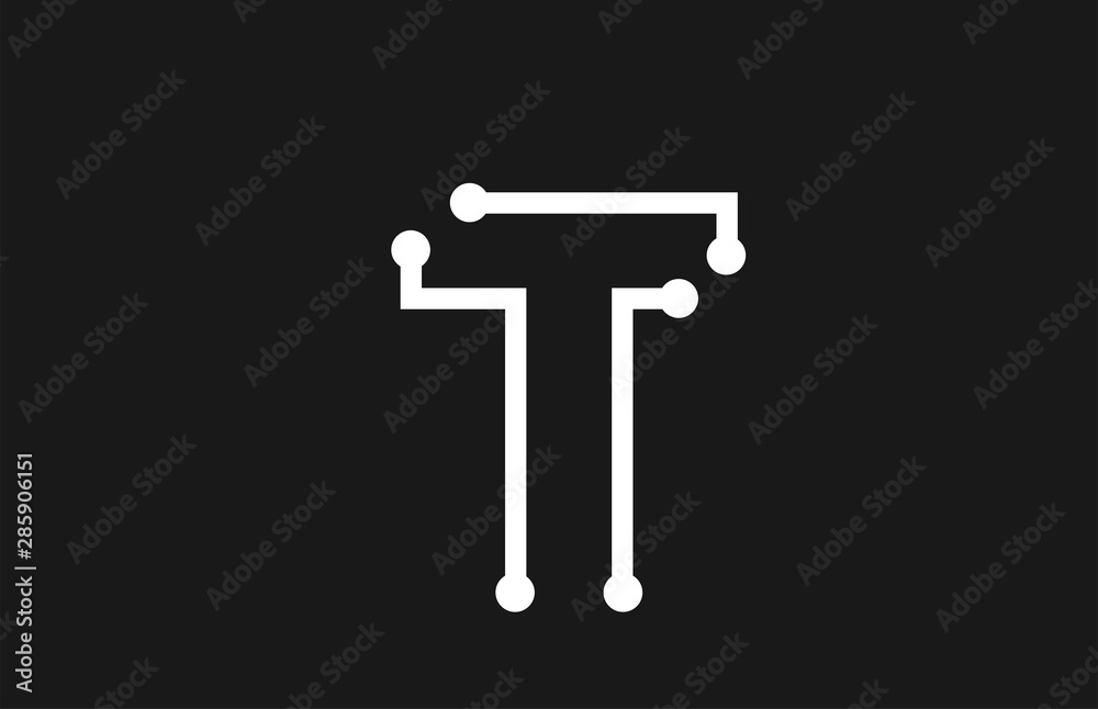 alphabet letter T black and white logo design with line and dots alphabet letter T black and white logo design with line and dots