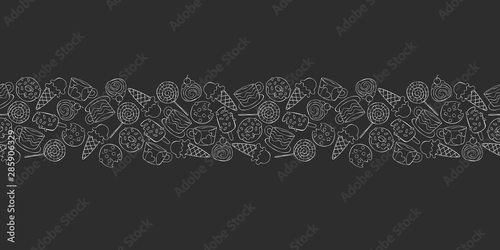 Hot drinks: tea and coffee. Sweets: ice cream, donuts, cookies, sweets, candy. Seamless horizontal pattern. Frame border.