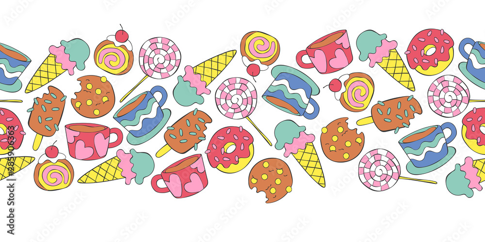 Hot drinks: tea and coffee. Sweets: ice cream, donuts, cookies, sweets, candy. Seamless horizontal pattern. Frame border. Hot drinks: tea and coffee. Sweets: ice cream, donuts, cookies, sweets, candy. Seamless horizontal pattern. Frame border.