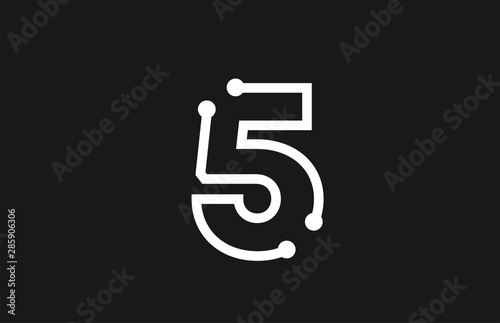 5 number black and white logo design with line and dots